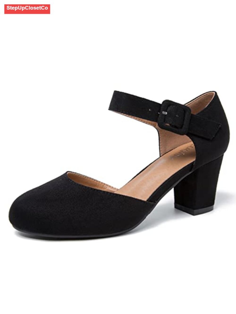 Women's Ankle Strap Pumps Closed Round Toe Buckle Low Chunky Block Heel D'Orsay